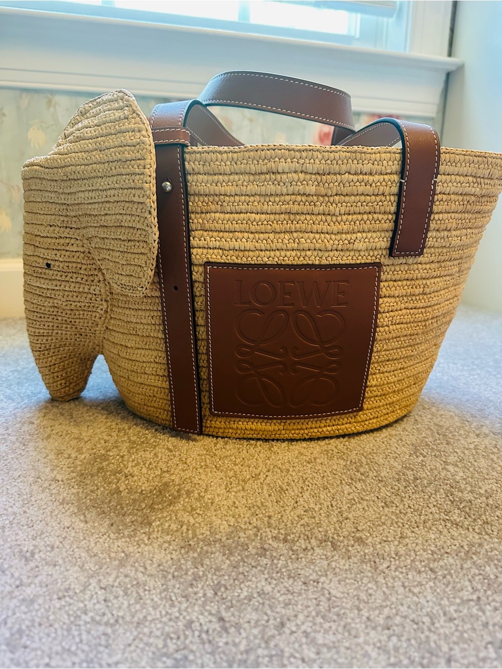 Loewe Straw Elephant Tote with Brown Leather Trim
